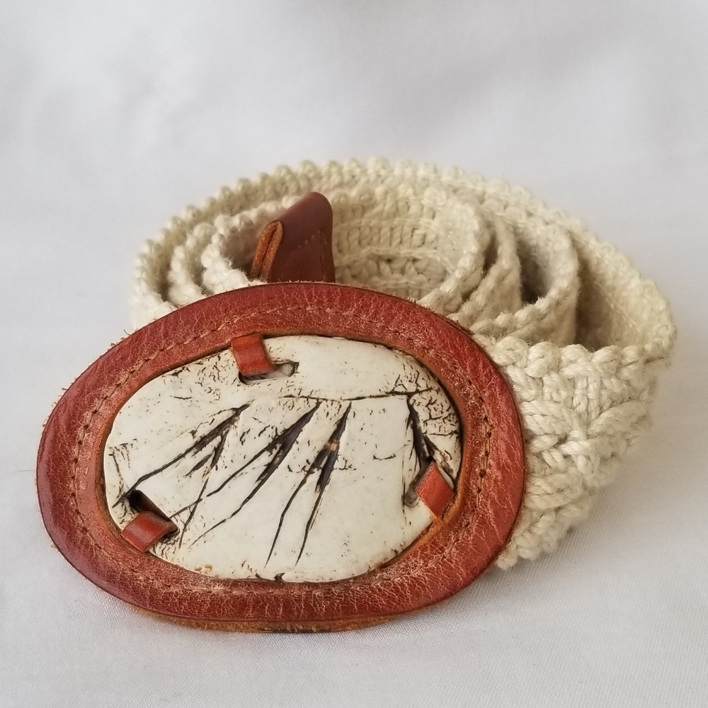Vintage Crochet Belt w/ Leather & Stone Buckle 35"